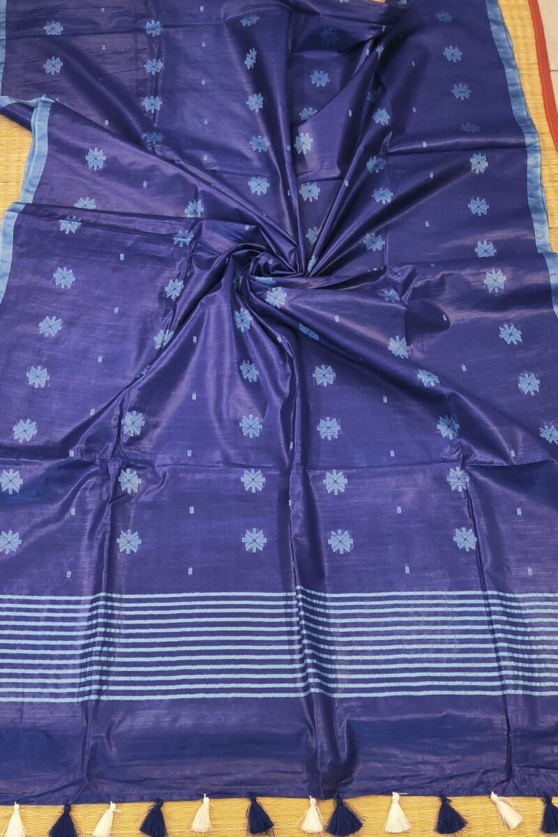 Viscose Vibrance: Ink Blue Kota Viscose Saree with Floral Machine Embroidery and Striped Pallu - Image 6