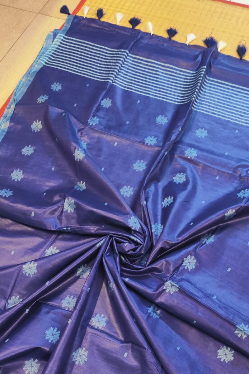 Viscose Vibrance: Ink Blue Kota Viscose Saree with Floral Machine Embroidery and Striped Pallu - Image 7