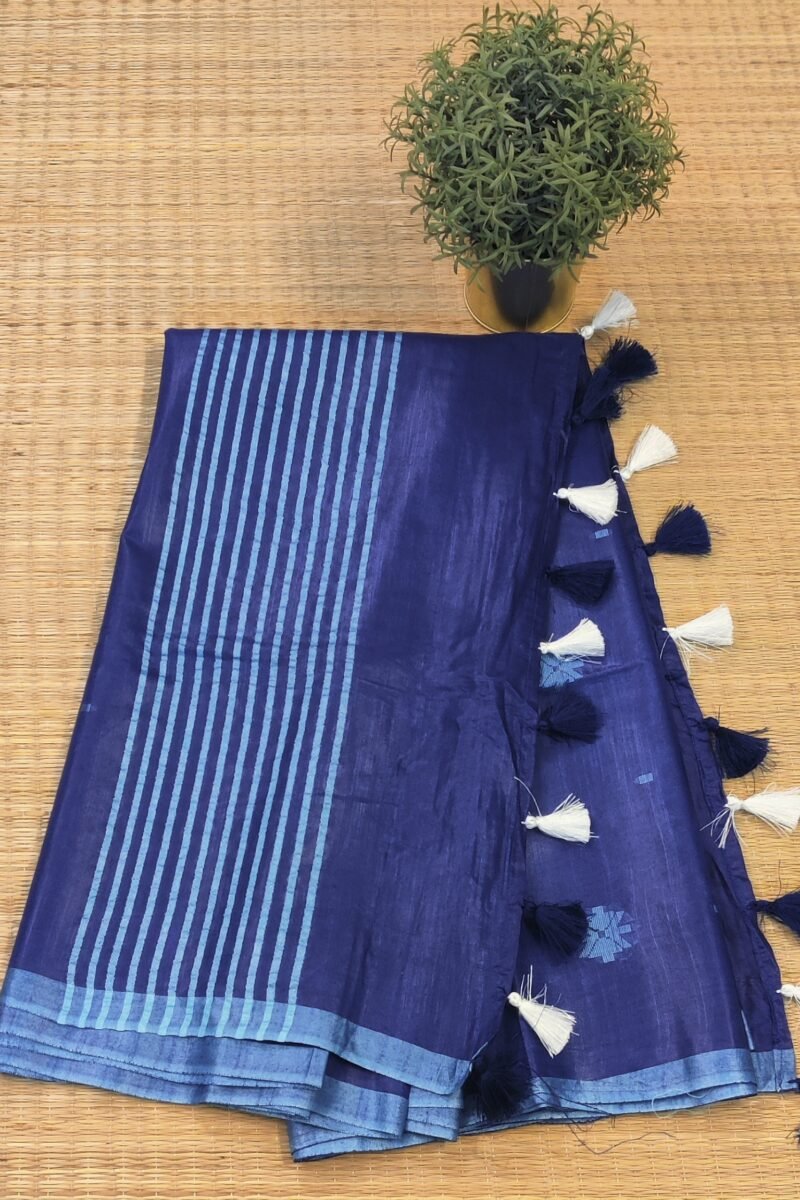 Viscose Vibrance: Ink Blue Kota Viscose Saree with Floral Machine Embroidery and Striped Pallu