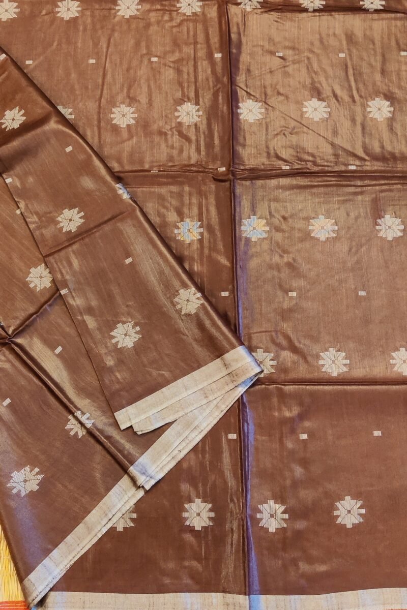 Viscose Vibrance: Coffee Brown Kota Viscose Saree with Floral Machine Embroidery and Striped Pallu - Image 3