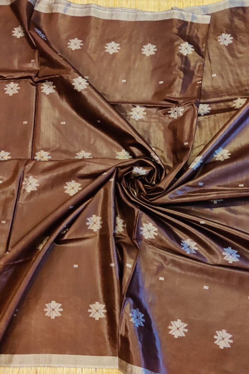 Viscose Vibrance: Coffee Brown Kota Viscose Saree with Floral Machine Embroidery and Striped Pallu - Image 4