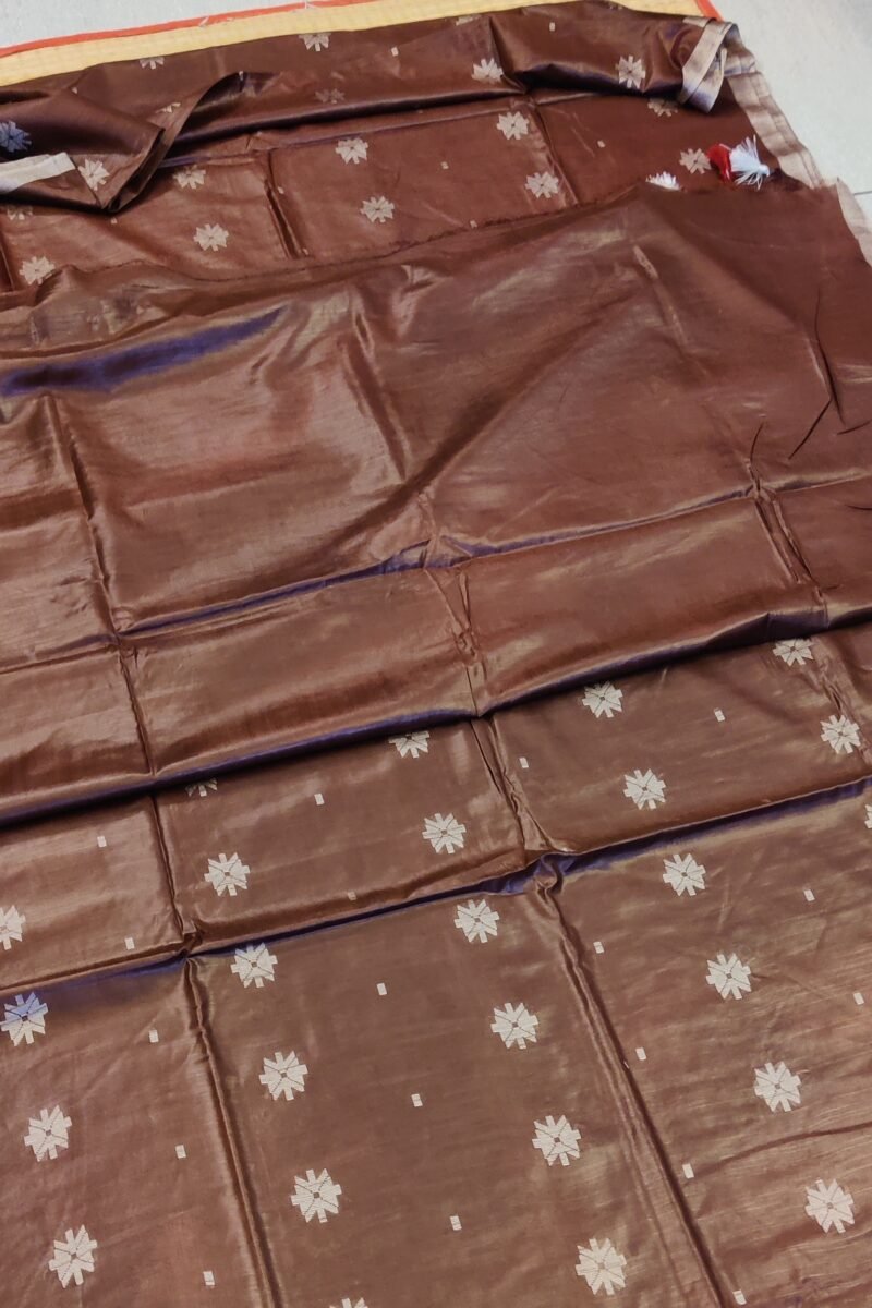 Viscose Vibrance: Coffee Brown Kota Viscose Saree with Floral Machine Embroidery and Striped Pallu - Image 8