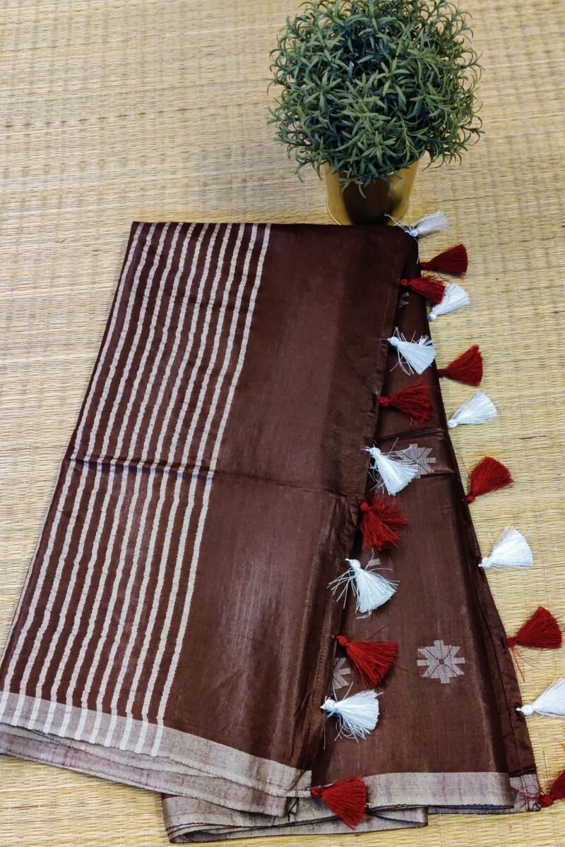 Viscose Vibrance: Coffee Brown Kota Viscose Saree with Floral Machine Embroidery and Striped Pallu