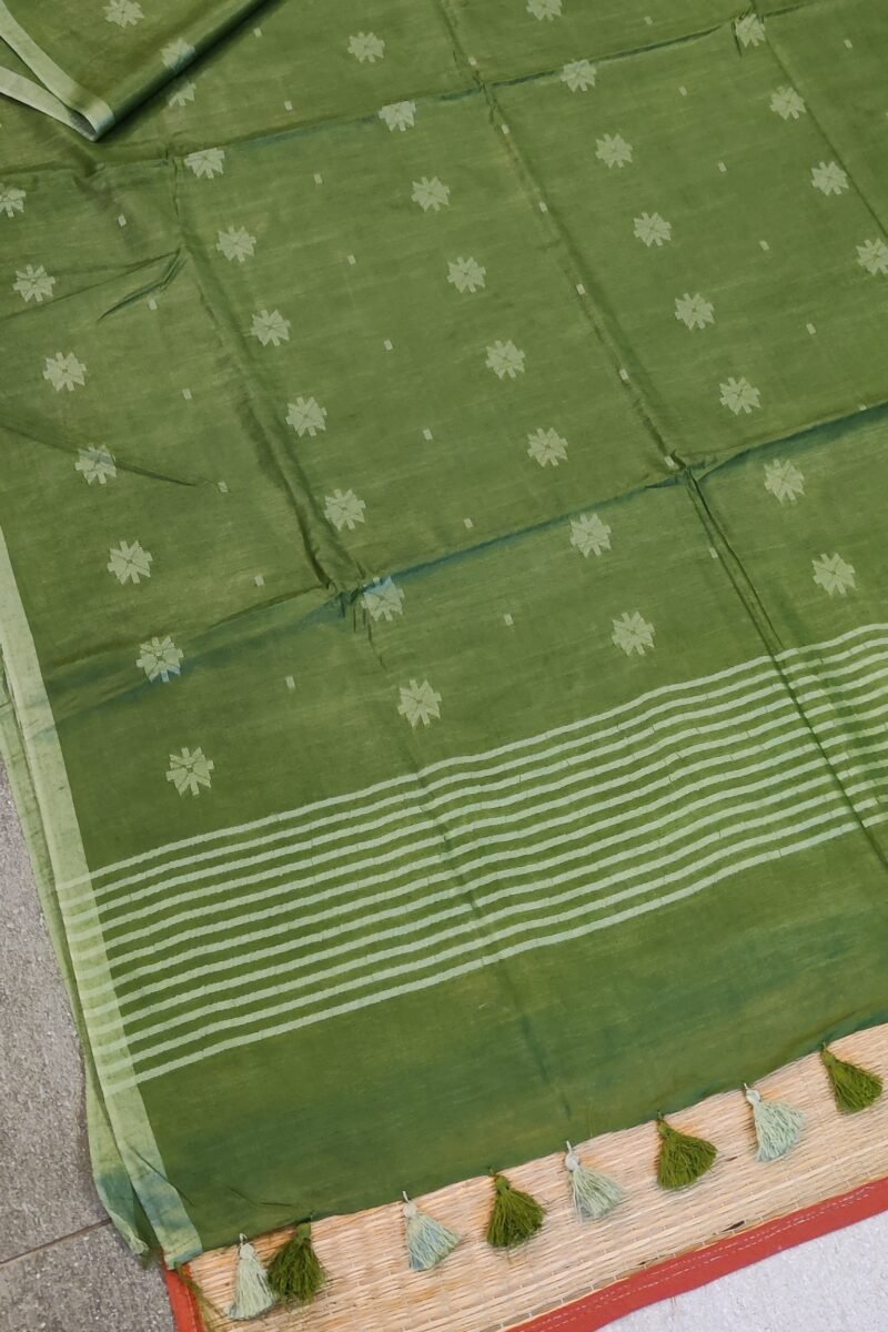 Viscose Vibrance: Leaf Green Kota Viscose Saree with Floral Machine Embroidery and Striped Pallu - Image 8
