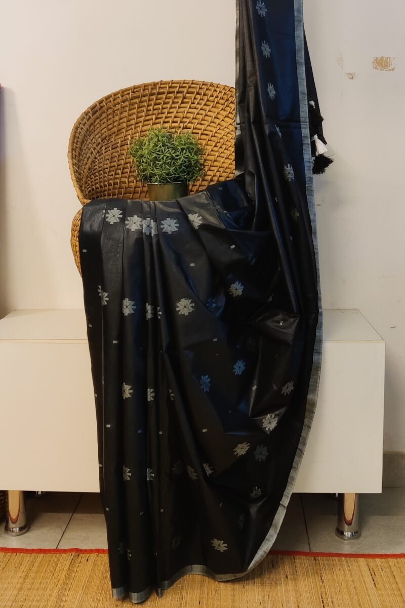 Viscose Vibrance: Black Kota Viscose Saree with Floral Machine Embroidery and Striped Pallu - Image 2