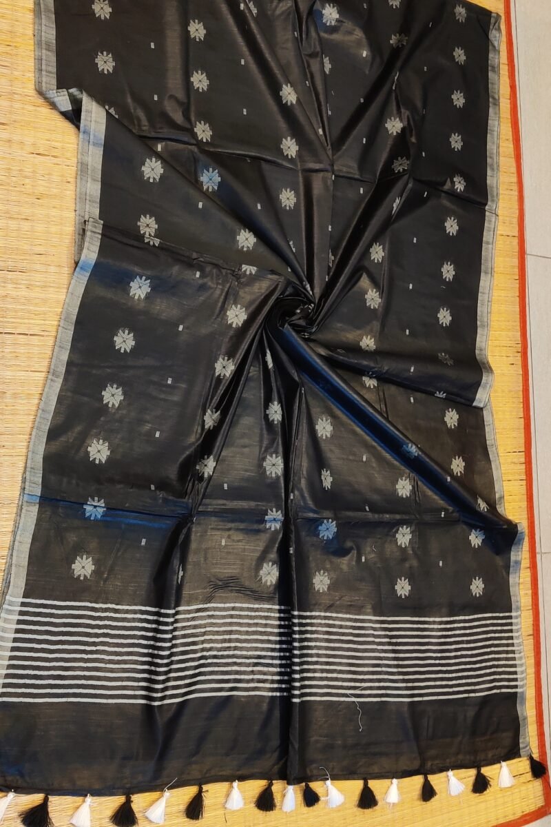 Viscose Vibrance: Black Kota Viscose Saree with Floral Machine Embroidery and Striped Pallu - Image 8