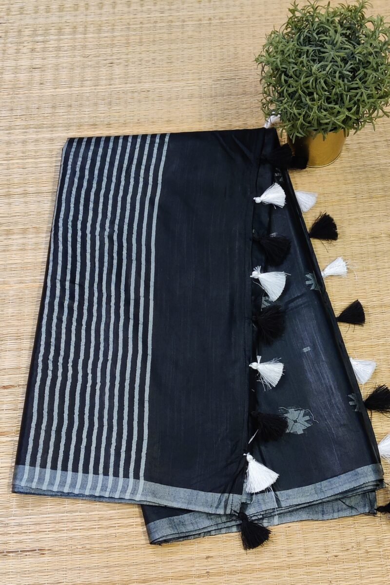 Viscose Vibrance: Black Kota Viscose Saree with Floral Machine Embroidery and Striped Pallu