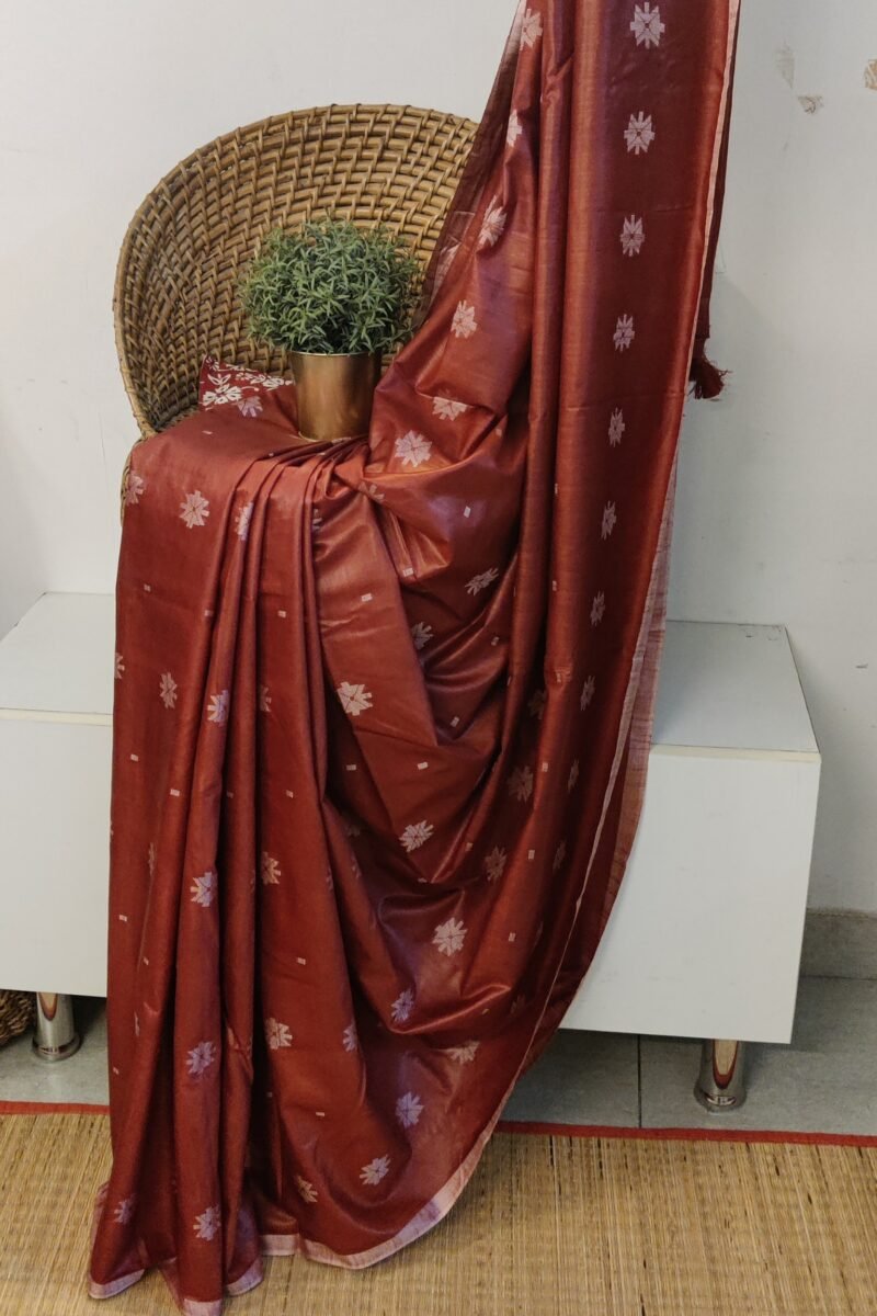 Viscose Vibrance: Maroon Kota Viscose Saree with Floral Machine Embroidery and Striped Pallu - Image 2