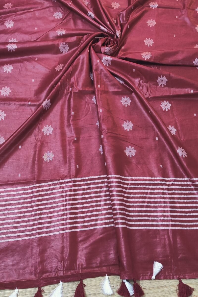 Viscose Vibrance: Maroon Kota Viscose Saree with Floral Machine Embroidery and Striped Pallu - Image 4