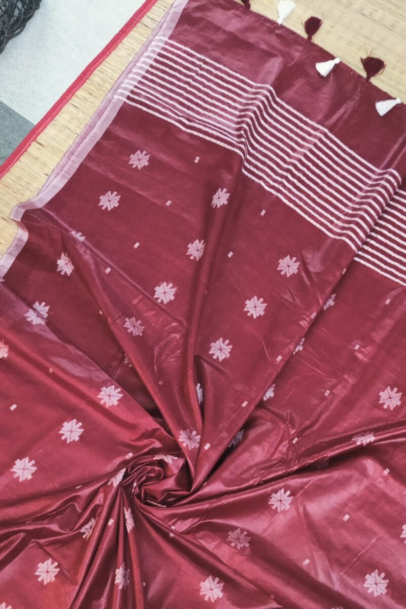 Viscose Vibrance: Maroon Kota Viscose Saree with Floral Machine Embroidery and Striped Pallu - Image 6