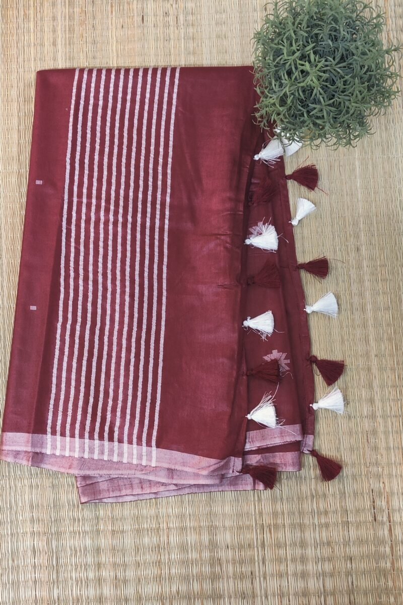 Viscose Vibrance: Maroon Kota Viscose Saree with Floral Machine Embroidery and Striped Pallu