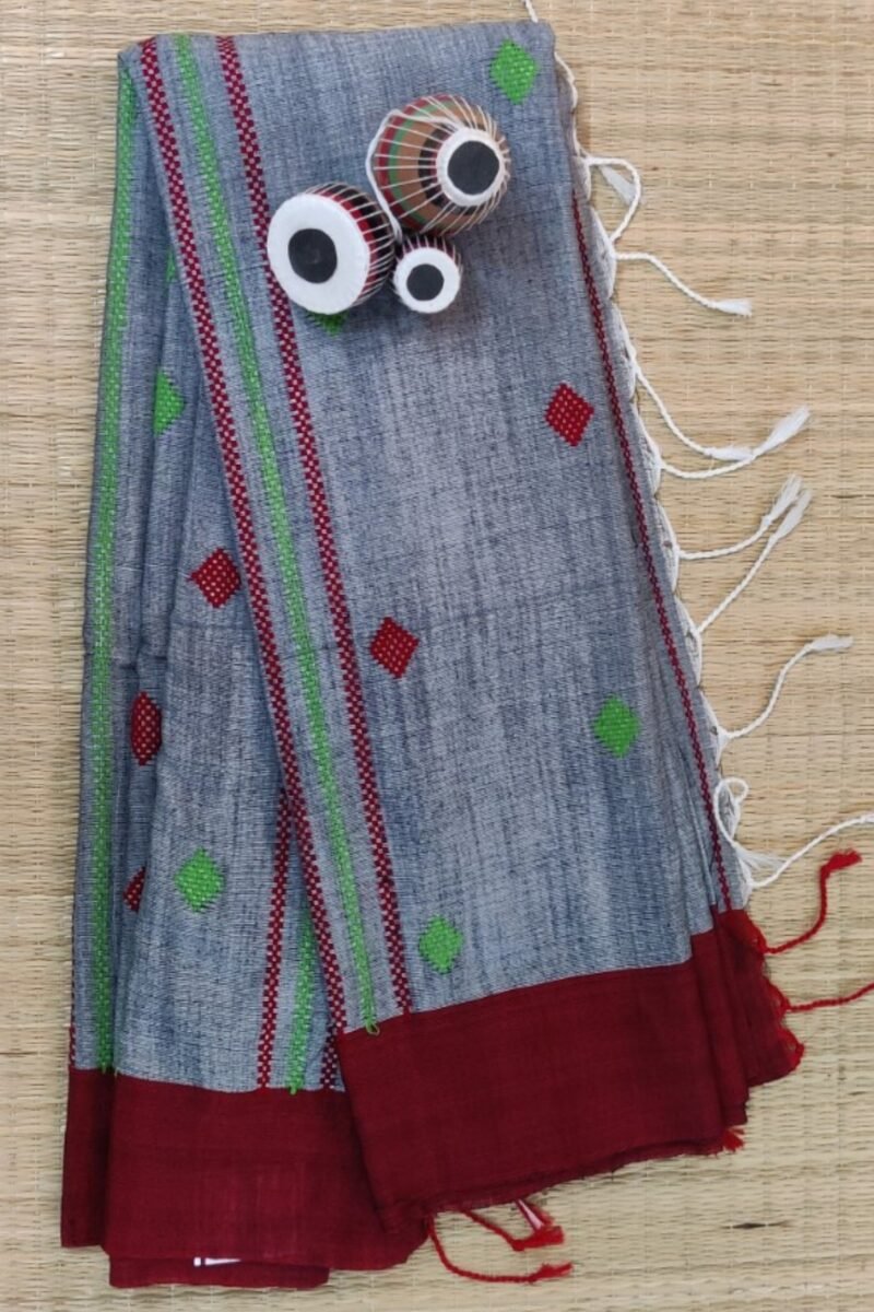Cotton Chronicles: Dark Grey with Maroon Border and Maroon-Green Motif Assam Cotton Saree - Image 6