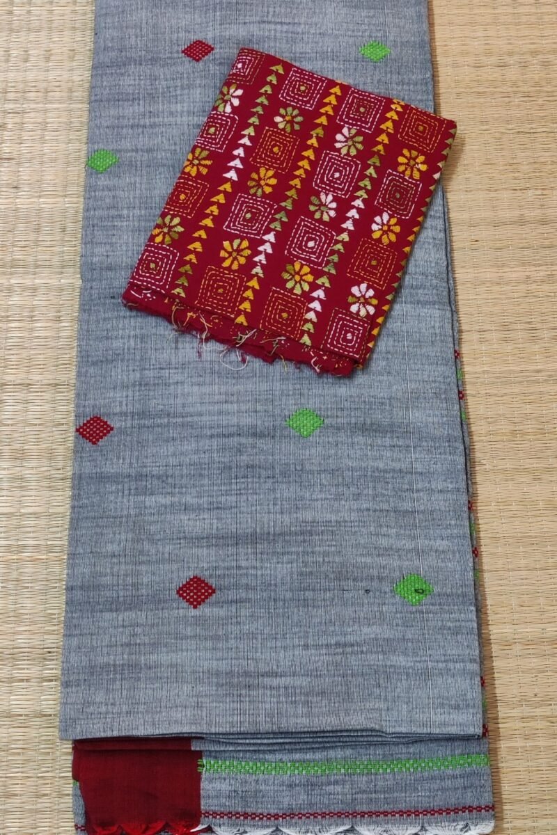 Cotton Chronicles: Dark Grey with Maroon Border and Maroon-Green Motif Assam Cotton Saree