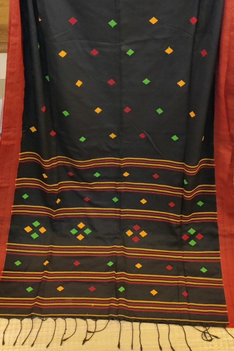 Cotton Chronicles: Black with Maroon Border and Yellow-Red-Green Motif Assam Cotton Saree - Image 3