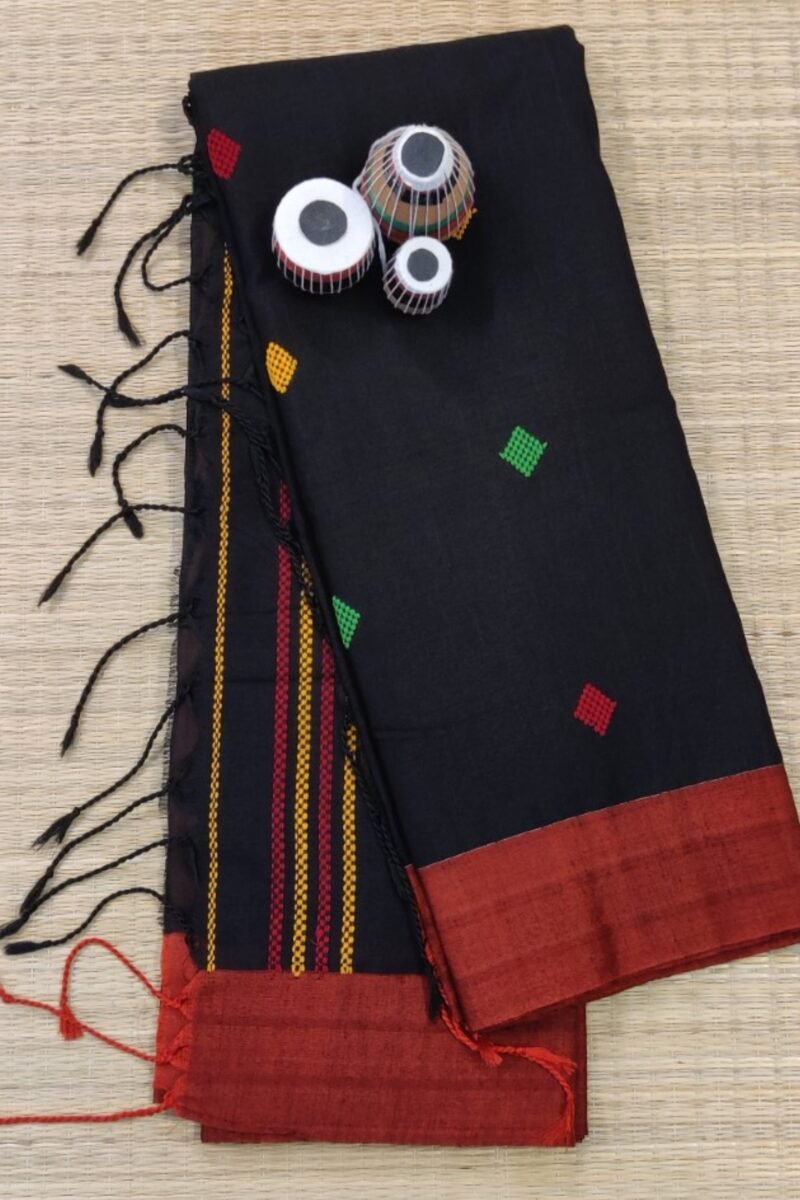 Cotton Chronicles: Black with Maroon Border and Yellow-Red-Green Motif Assam Cotton Saree - Image 5