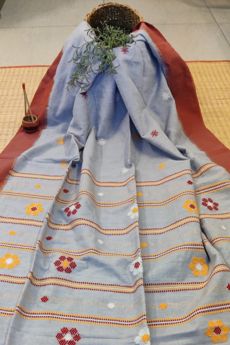 Cotton Chronicles: Light Grey with Maroon Border and Yellow-Red Floral Motif Assam Cotton Saree - Image 3