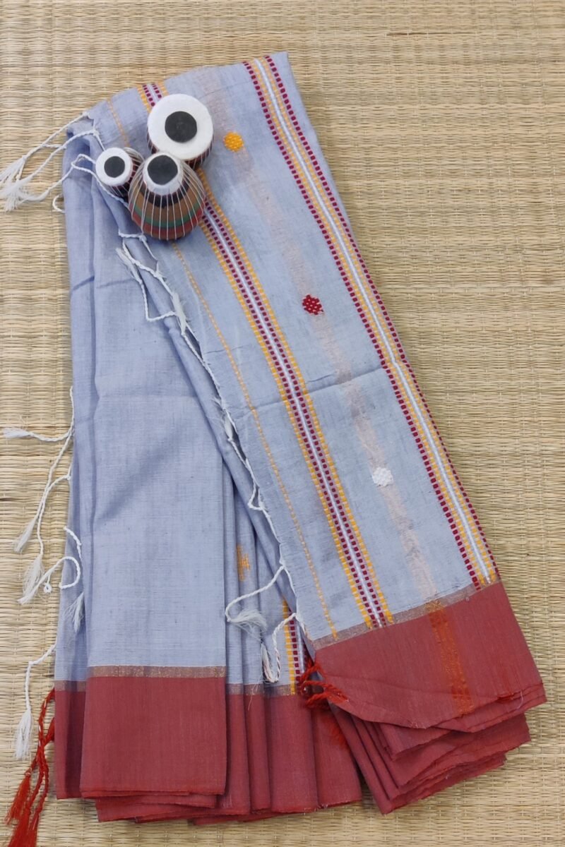 Cotton Chronicles: Light Grey with Maroon Border and Yellow-Red Floral Motif Assam Cotton Saree - Image 5