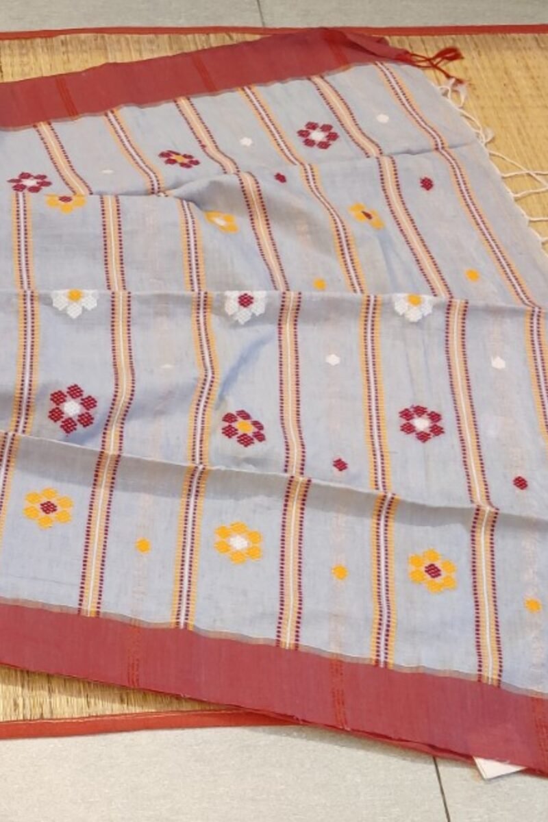 Cotton Chronicles: Light Grey with Maroon Border and Yellow-Red Floral Motif Assam Cotton Saree - Image 8