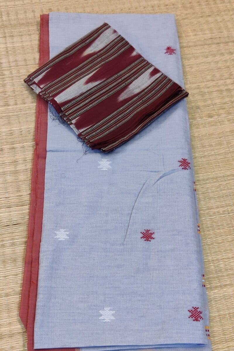 Cotton Chronicles: Light Grey with Maroon Border and Yellow-Red Floral Motif Assam Cotton Saree