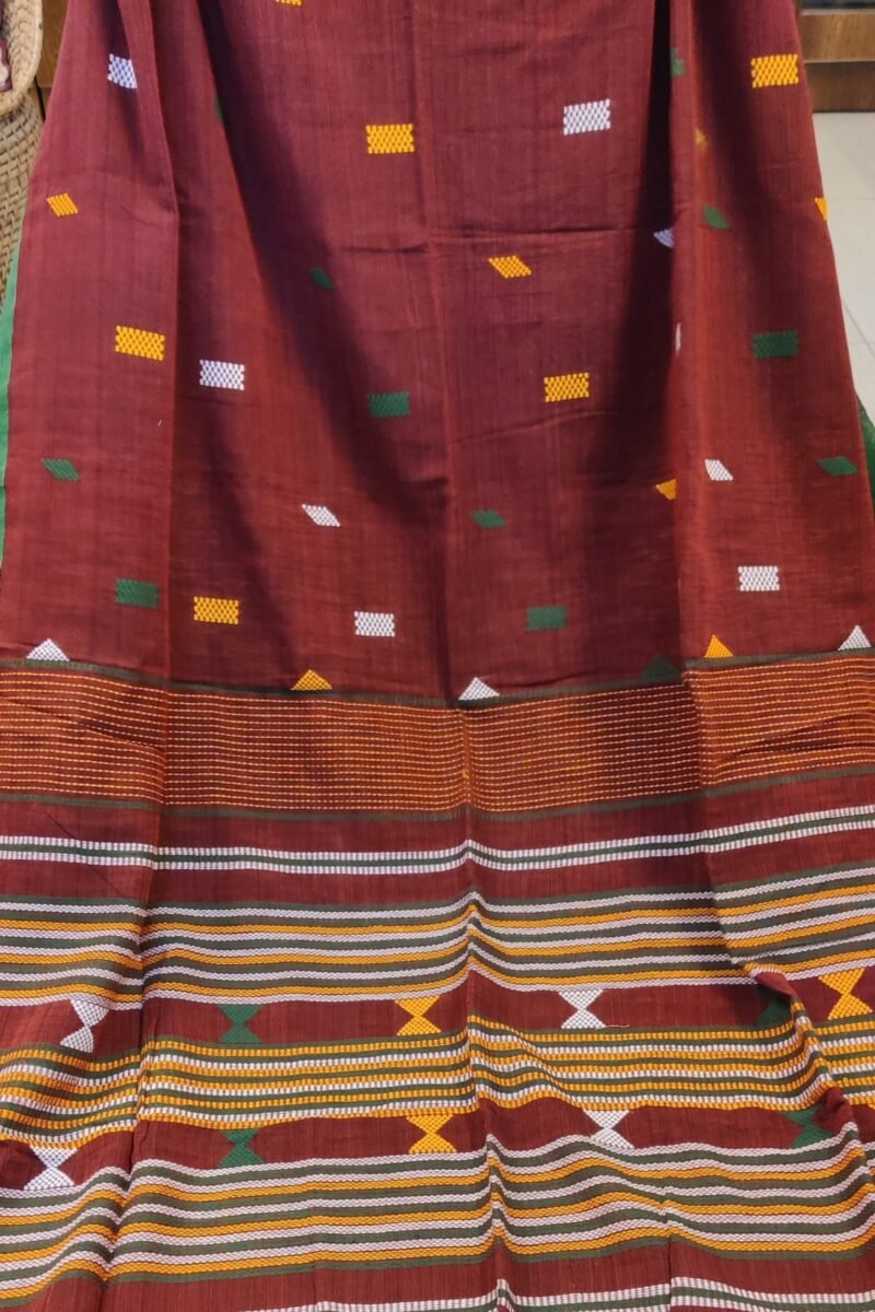 Cotton Chronicles: Maroon with Green Border and Abstract Multicolour Motif Assam Cotton Saree - Image 4