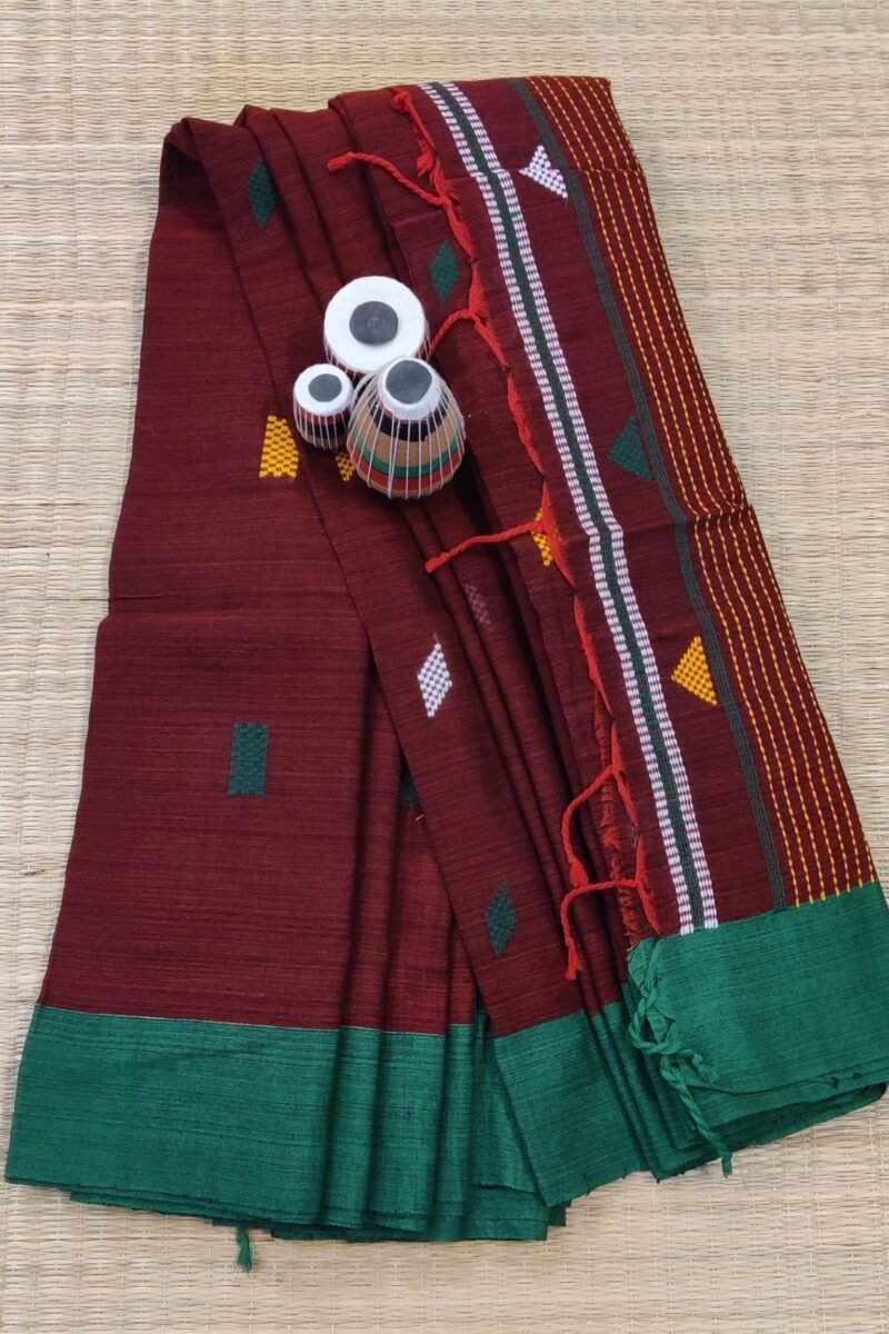 Cotton Chronicles: Maroon with Green Border and Abstract Multicolour Motif Assam Cotton Saree - Image 5