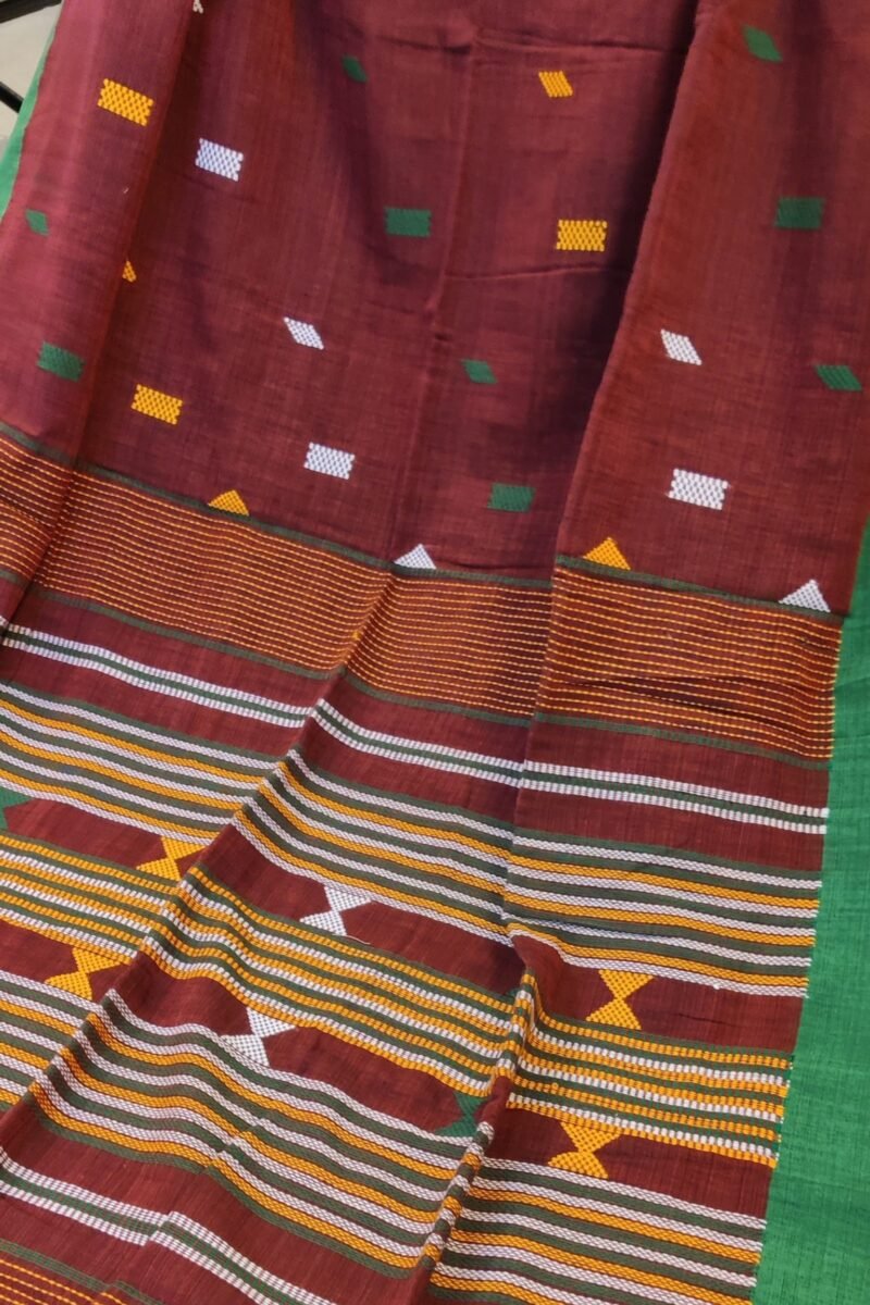 Cotton Chronicles: Maroon with Green Border and Abstract Multicolour Motif Assam Cotton Saree - Image 6