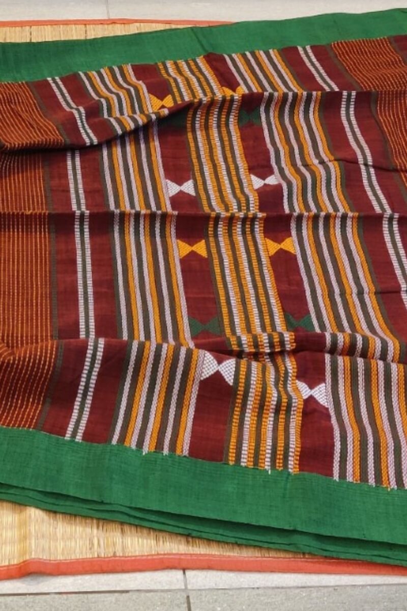 Cotton Chronicles: Maroon with Green Border and Abstract Multicolour Motif Assam Cotton Saree - Image 8