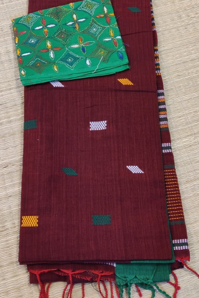 Cotton Chronicles: Maroon with Green Border and Abstract Multicolour Motif Assam Cotton Saree