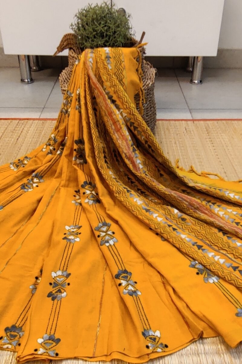 Khesh Katha: Mango Yellow Khesh Cotton Saree with Grey-White Kantha Fan Motif Embroidery - Image 2