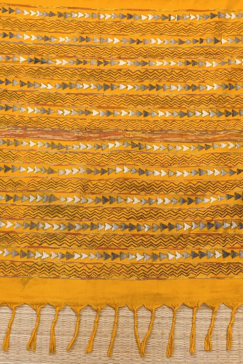 Khesh Katha: Mango Yellow Khesh Cotton Saree with Grey-White Kantha Fan Motif Embroidery - Image 7