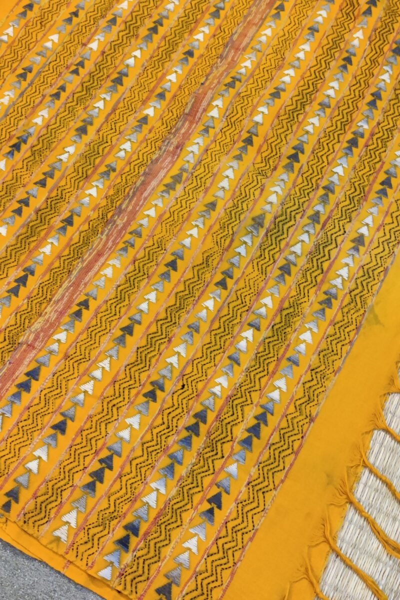 Khesh Katha: Mango Yellow Khesh Cotton Saree with Grey-White Kantha Fan Motif Embroidery - Image 8