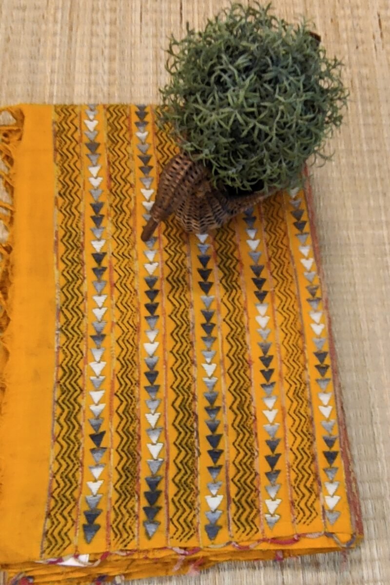 Khesh Katha: Mango Yellow Khesh Cotton Saree with Grey-White Kantha Fan Motif Embroidery