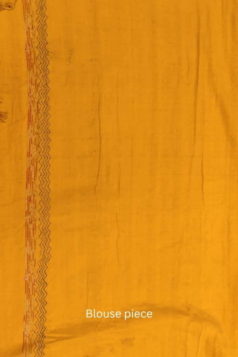 Khesh Katha: Mango Yellow Khesh Cotton Saree with Grey-White Kantha Fan Motif Embroidery - Image 9