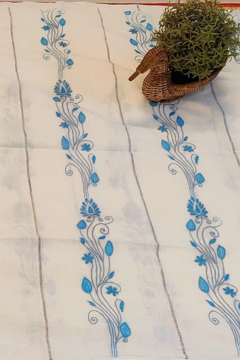 Khesh Katha: Offwhite Khesh Cotton Saree with Dense Blue Kantha Floral and Geometric Embroidery - Image 7
