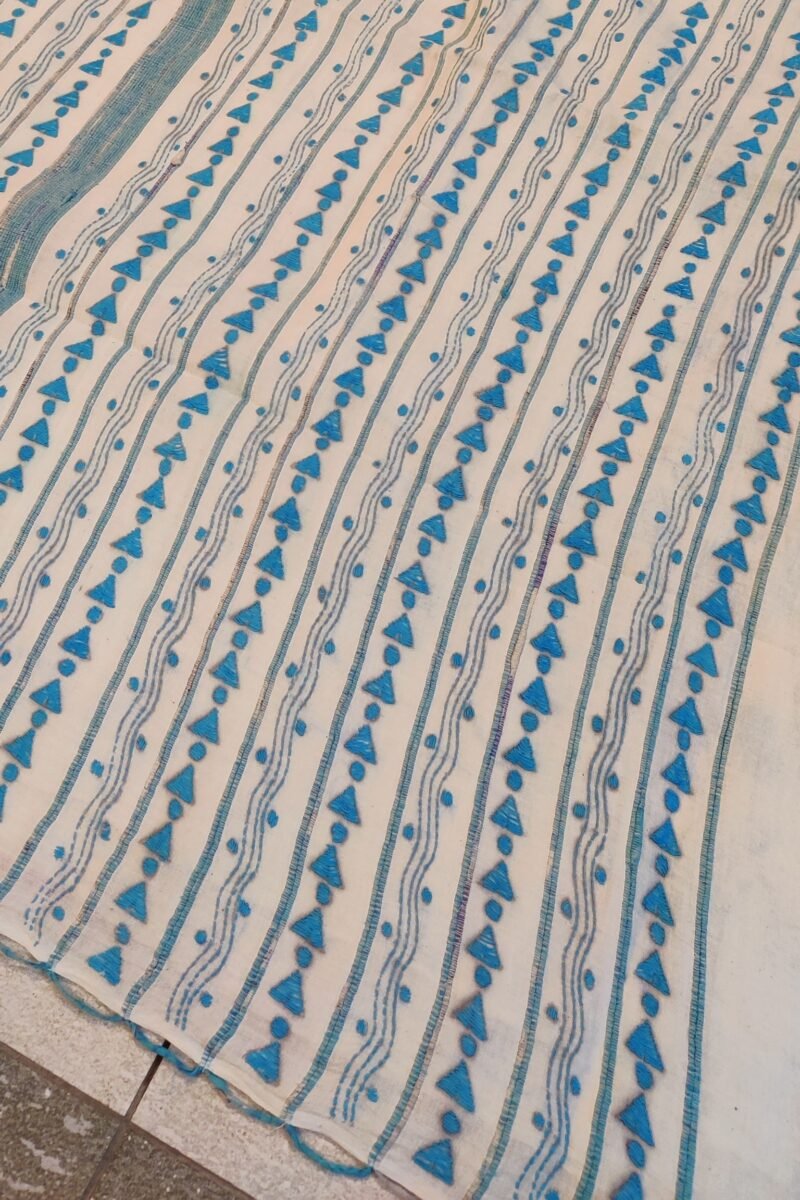 Khesh Katha: Offwhite Khesh Cotton Saree with Dense Blue Kantha Floral and Geometric Embroidery - Image 8