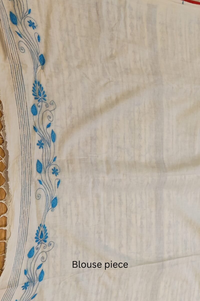 Khesh Katha: Offwhite Khesh Cotton Saree with Dense Blue Kantha Floral and Geometric Embroidery - Image 9