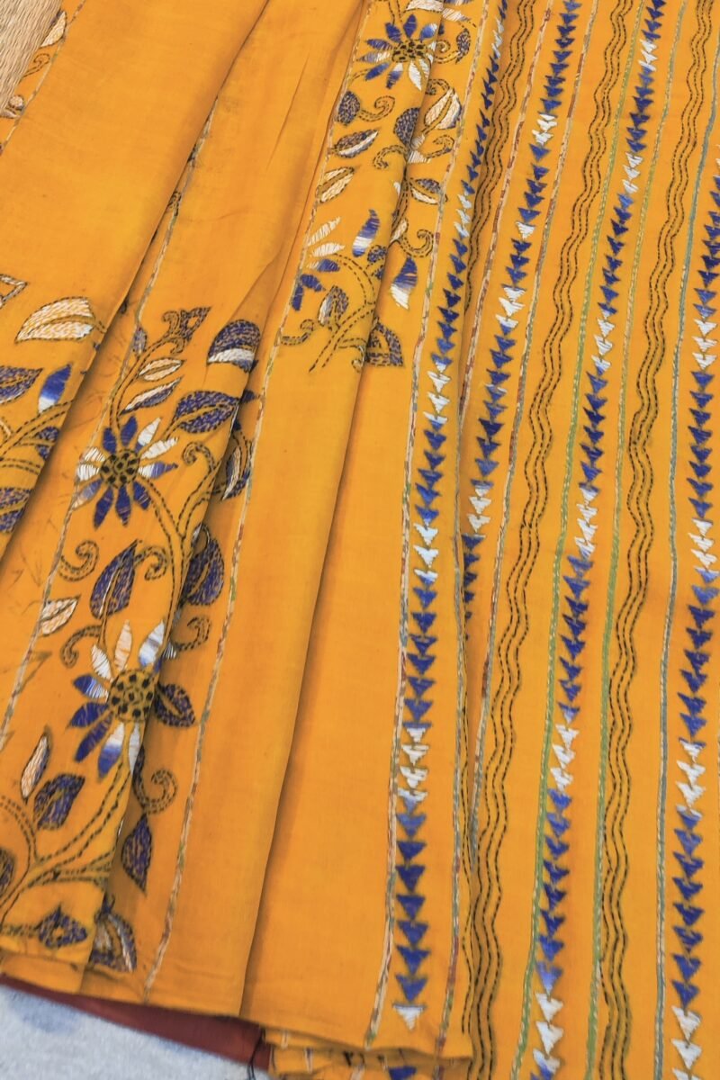 Khesh Katha: Mango Yellow Khesh Cotton Saree with Blue and White Kantha Embroidered Rectangles and Lines - Image 6