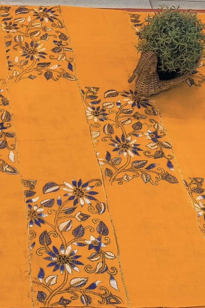 Khesh Katha: Mango Yellow Khesh Cotton Saree with Blue and White Kantha Embroidered Rectangles and Lines - Image 7