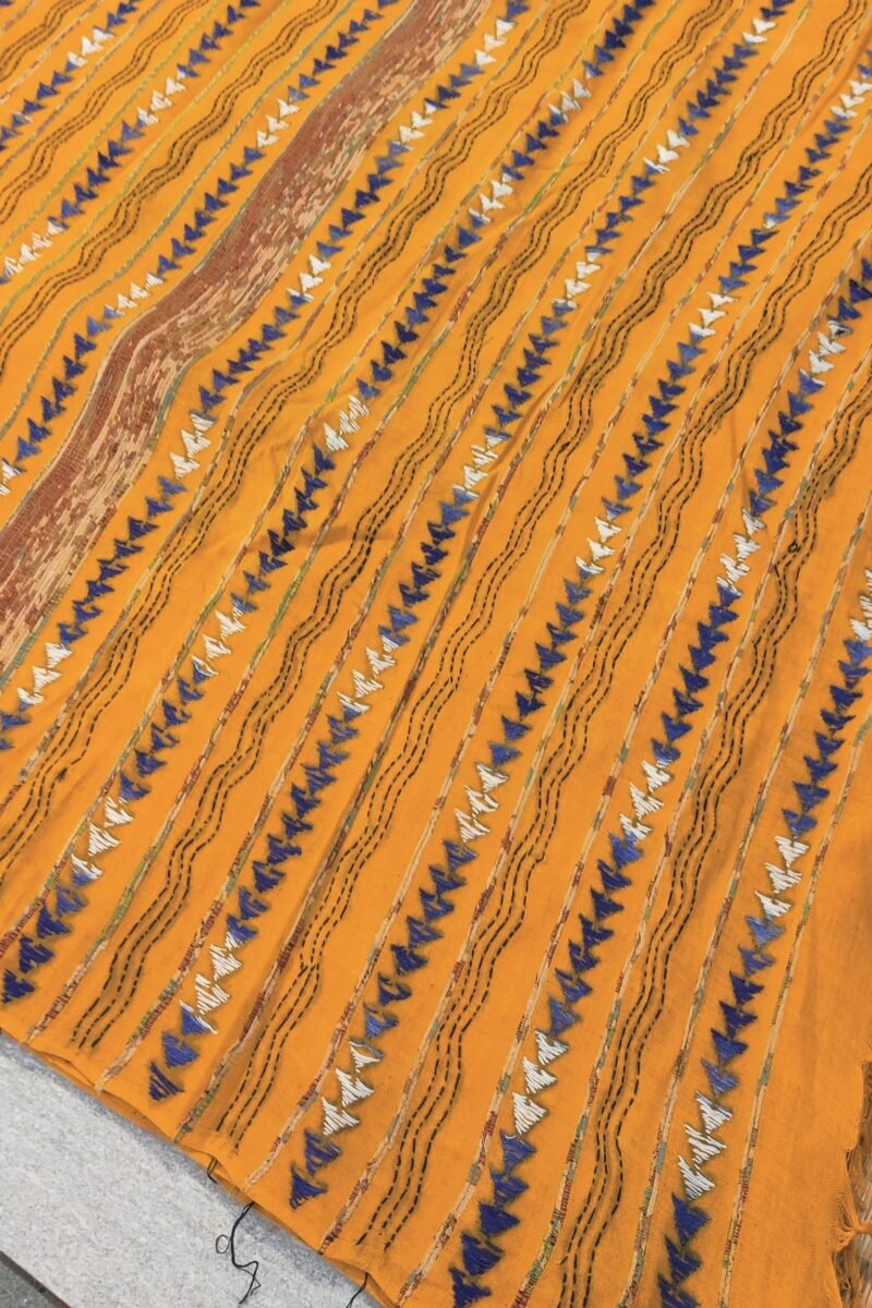 Khesh Katha: Mango Yellow Khesh Cotton Saree with Blue and White Kantha Embroidered Rectangles and Lines - Image 8