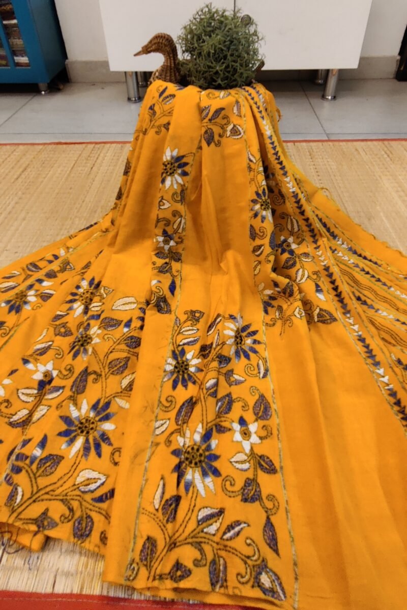 Khesh Katha: Mango Yellow Khesh Cotton Saree with Blue and White Kantha Embroidered Rectangles and Lines