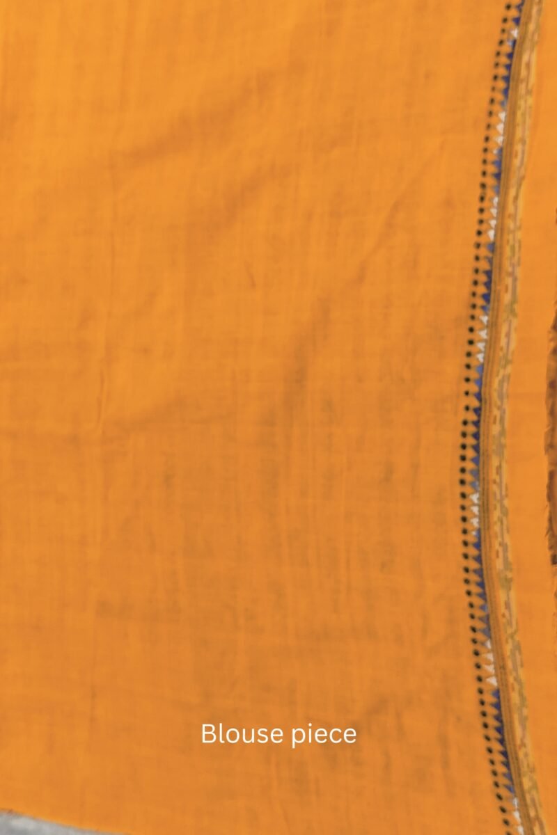 Khesh Katha: Mango Yellow Khesh Cotton Saree with Blue and White Kantha Embroidered Rectangles and Lines - Image 9