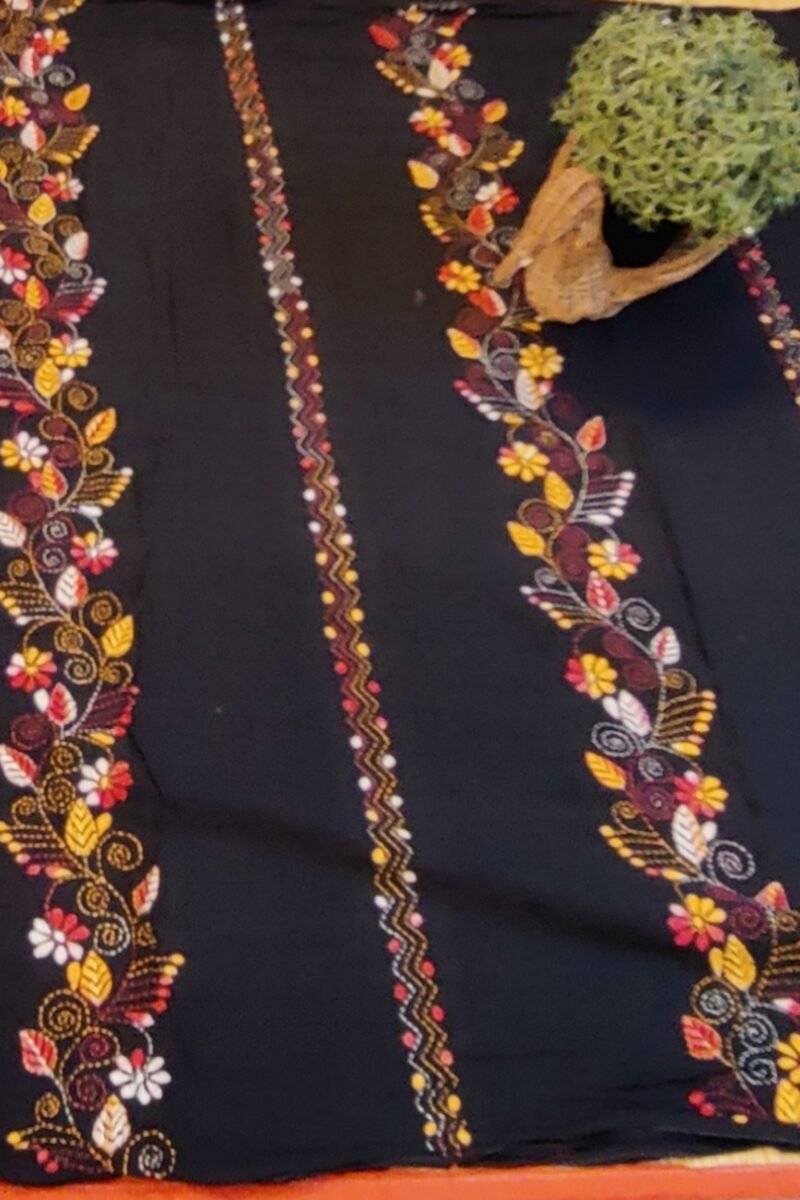 Khesh Katha: Black Khesh Cotton Saree with Multicolor Kantha Floral and Geometric Hand Embroidery - Image 6