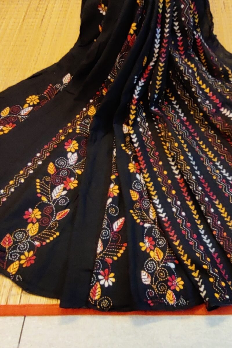 Khesh Katha: Black Khesh Cotton Saree with Multicolor Kantha Floral and Geometric Hand Embroidery - Image 7