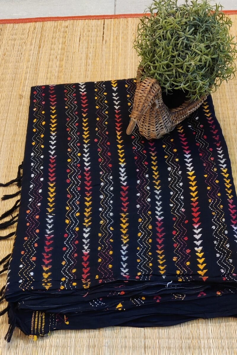 Khesh Katha: Black Khesh Cotton Saree with Multicolor Kantha Floral and Geometric Hand Embroidery