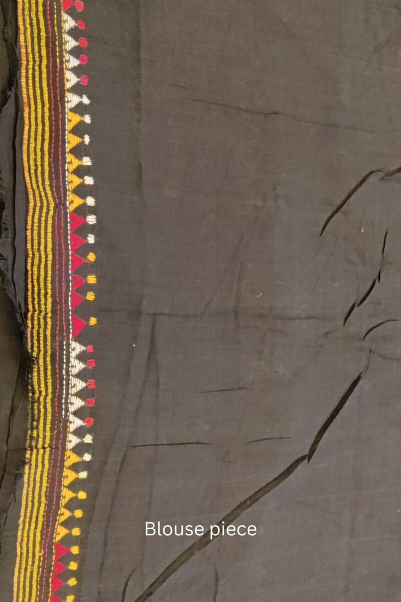 Khesh Katha: Black Khesh Cotton Saree with Multicolor Kantha Floral and Geometric Hand Embroidery - Image 9