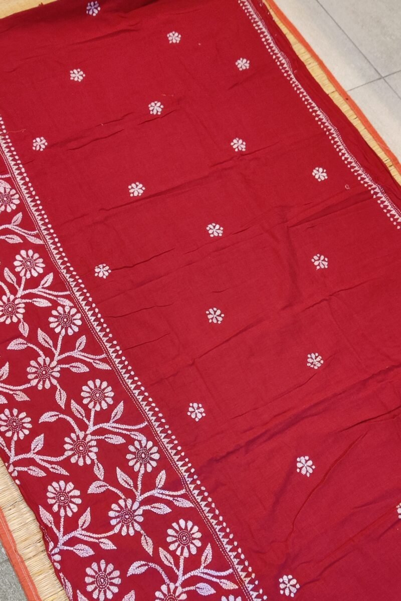 Khesh Katha: Red Khesh Cotton Saree with White Kantha Floral Border Embroidery - Image 3