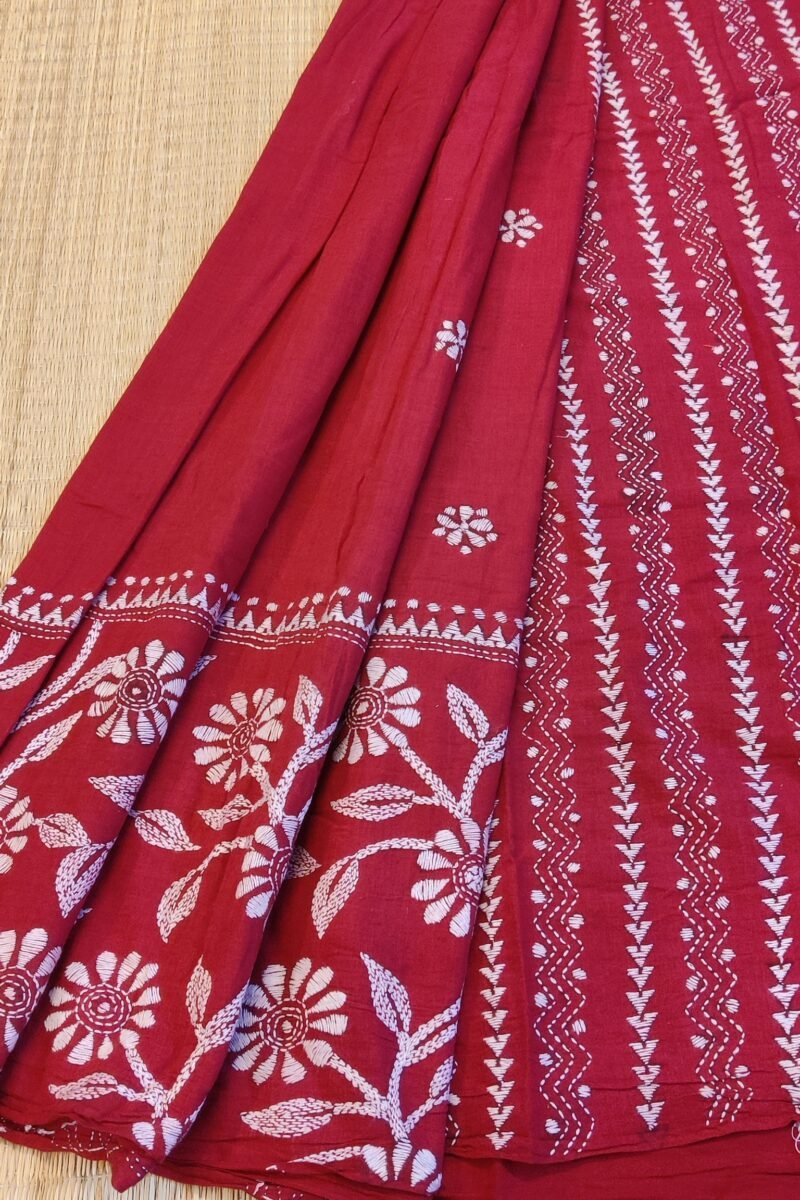 Khesh Katha: Red Khesh Cotton Saree with White Kantha Floral Border Embroidery - Image 4