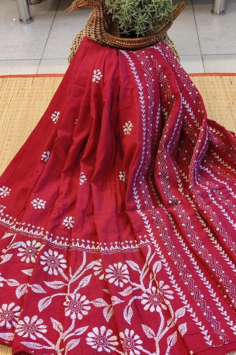 Khesh Katha: Red Khesh Cotton Saree with White Kantha Floral Border Embroidery - Image 5