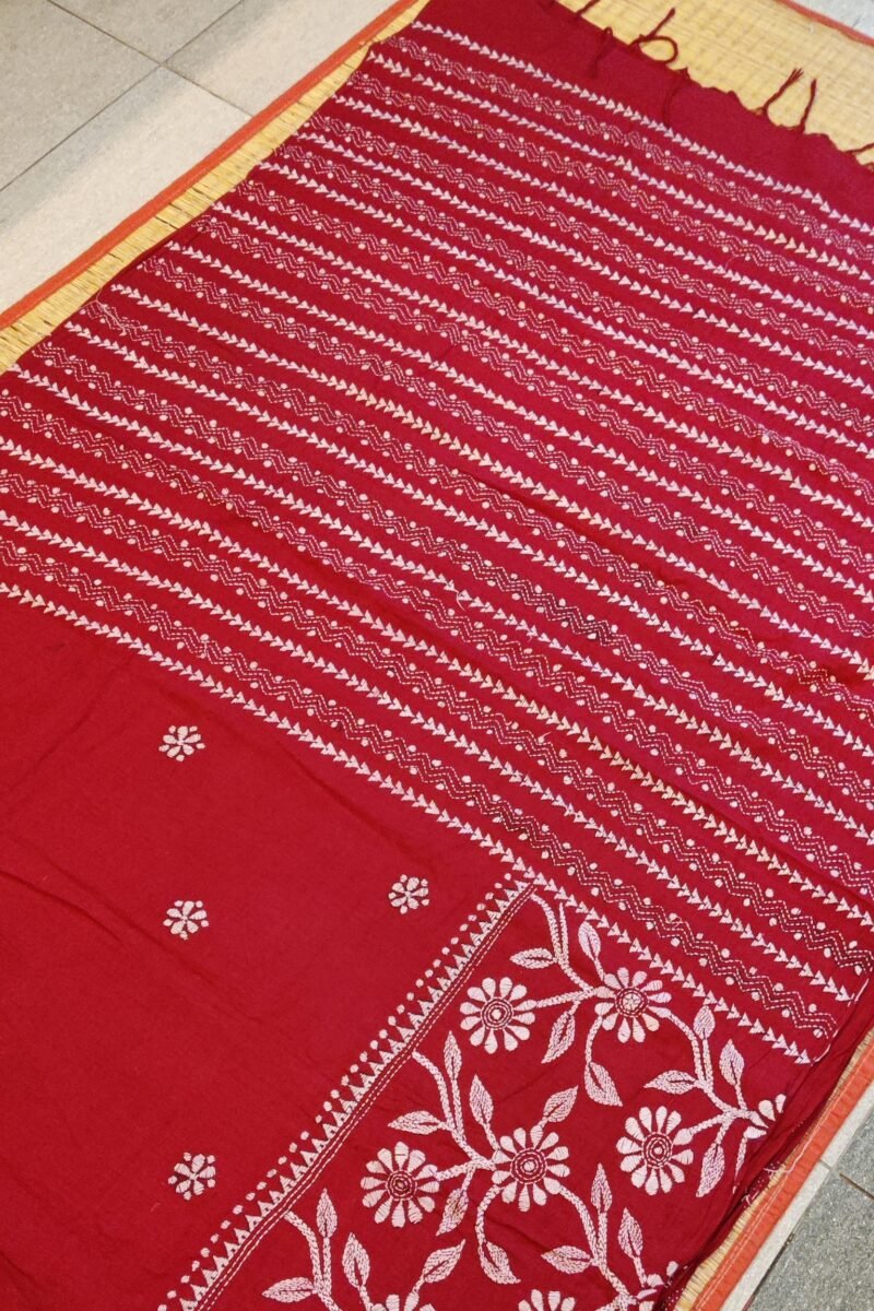 Khesh Katha: Red Khesh Cotton Saree with White Kantha Floral Border Embroidery - Image 6