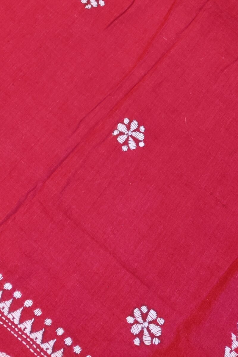 Khesh Katha: Red Khesh Cotton Saree with White Kantha Floral Border Embroidery - Image 7